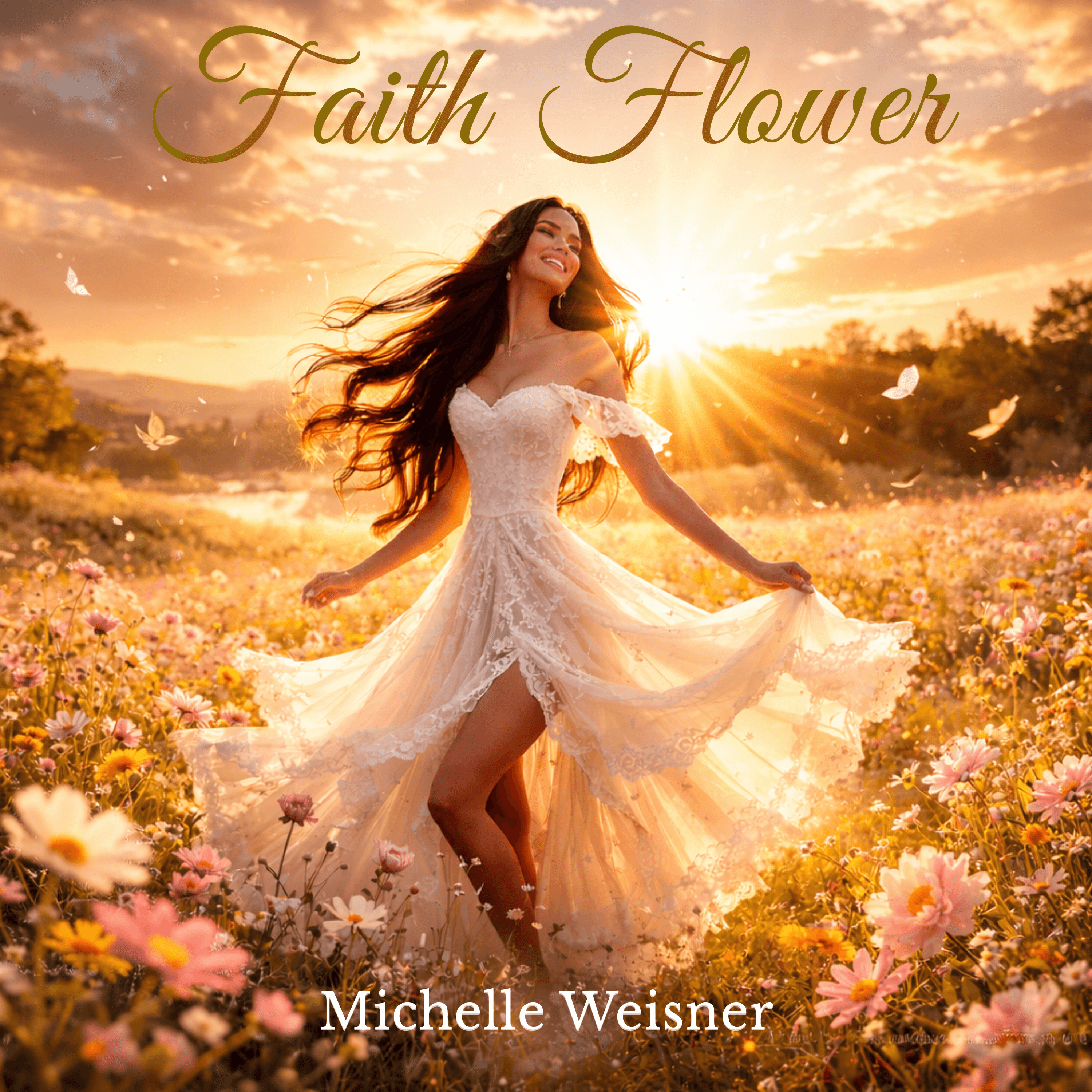 Illustrated cover art for Faith Flower featuring Michelle Weisner in a radiant flower field at sunrise.